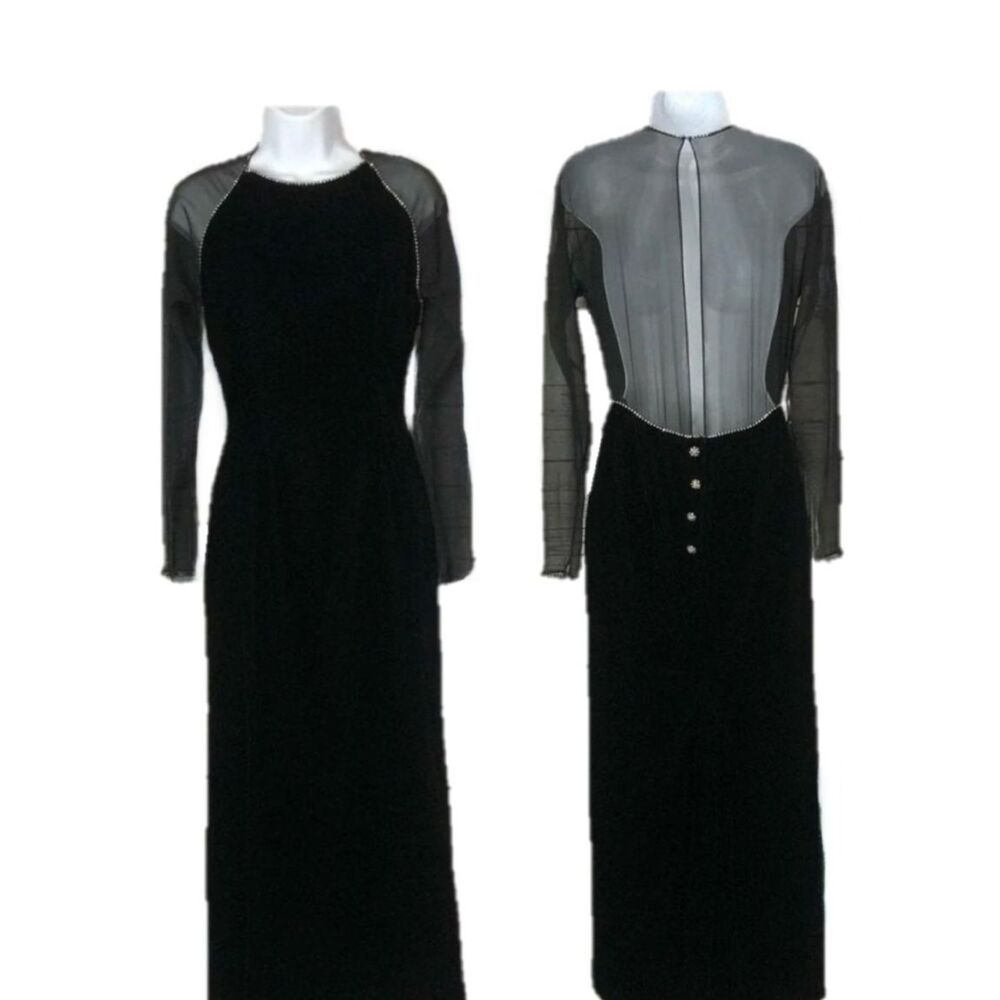 VINTAGE Oscar De La Renta Velvet Sheer Silk Embellished Gown Old Money Feminine